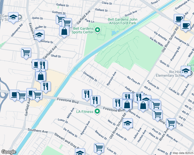 map of restaurants, bars, coffee shops, grocery stores, and more near 7139 Dinwiddie Street in Downey