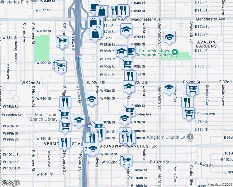 map of restaurants, bars, coffee shops, grocery stores, and more near 126 West 94th Street in Los Angeles