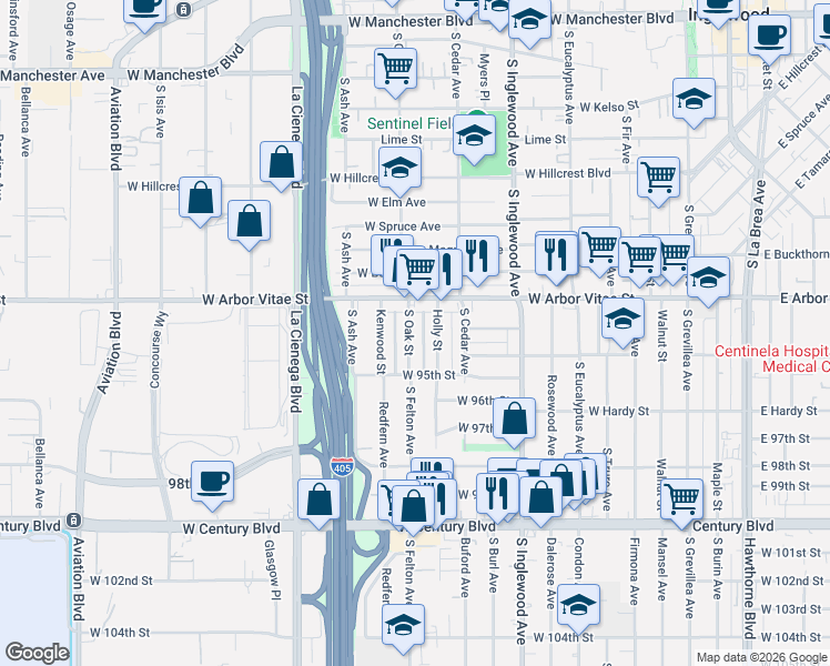 map of restaurants, bars, coffee shops, grocery stores, and more near 947 Holly Street in Inglewood