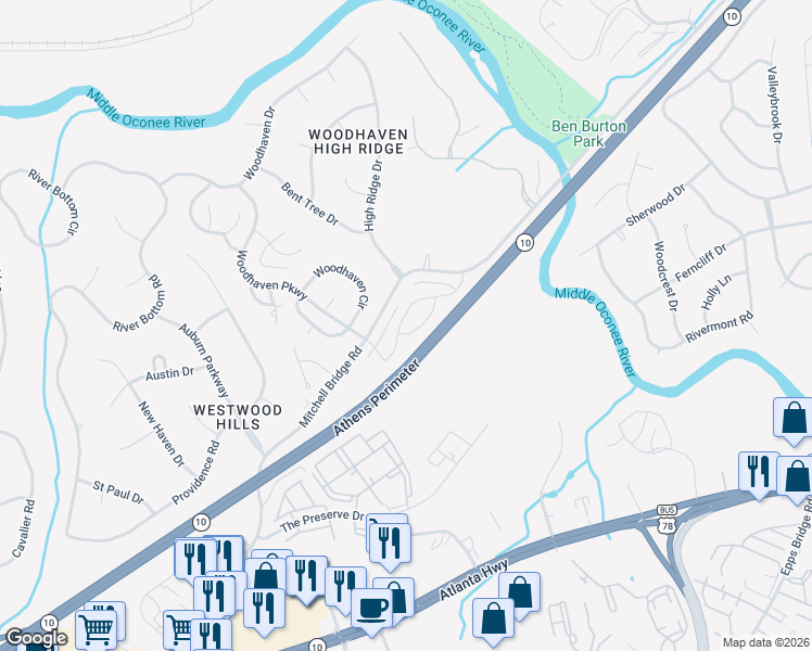 map of restaurants, bars, coffee shops, grocery stores, and more near 249 Melba Lane in Athens