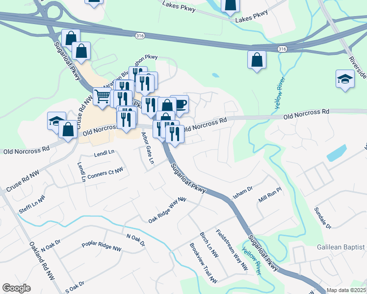 map of restaurants, bars, coffee shops, grocery stores, and more near 1880 Garbrooke Cove in Lawrenceville