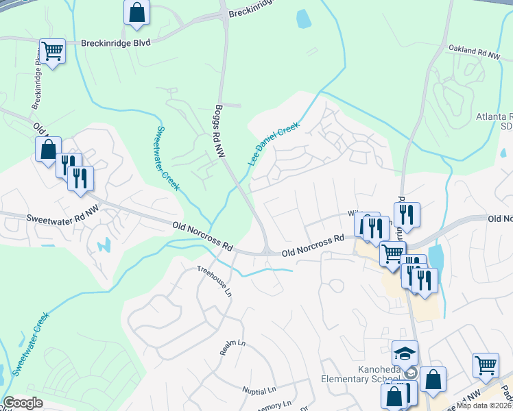 map of restaurants, bars, coffee shops, grocery stores, and more near 1390 Teaberry Circle in Lawrenceville