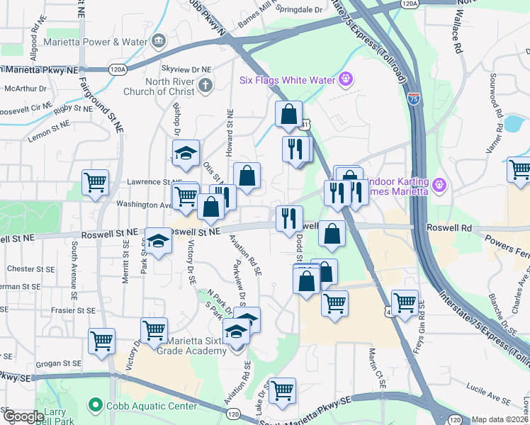 map of restaurants, bars, coffee shops, grocery stores, and more near 879 Roswell Street Northeast in Marietta