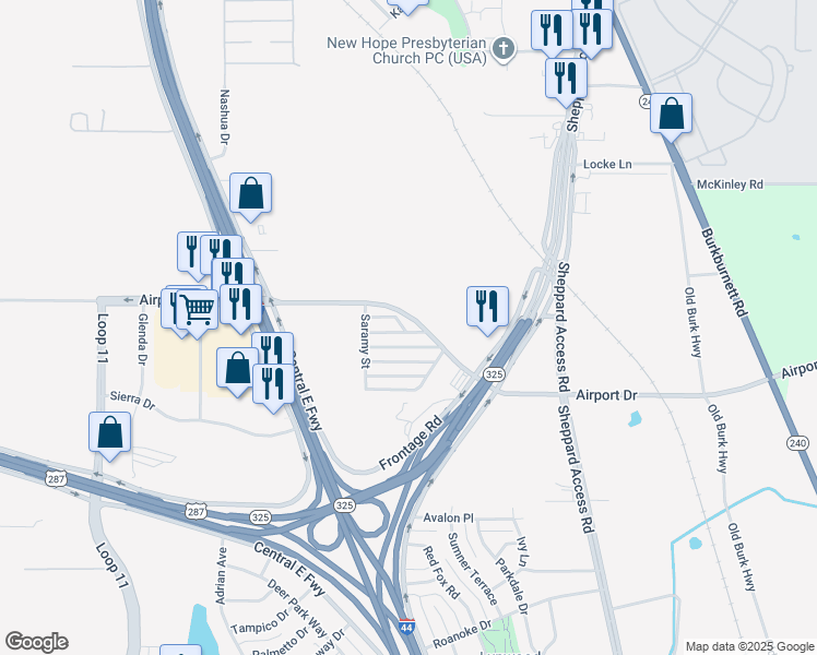 map of restaurants, bars, coffee shops, grocery stores, and more near 118 Evergreen Drive in Wichita Falls