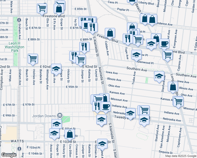 map of restaurants, bars, coffee shops, grocery stores, and more near 2309 East 94th Street in Los Angeles