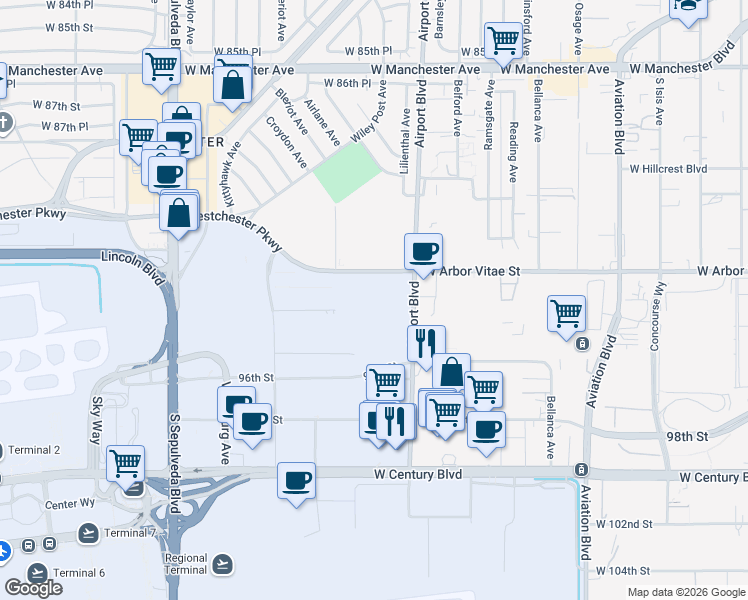 map of restaurants, bars, coffee shops, grocery stores, and more near in Los Angeles County