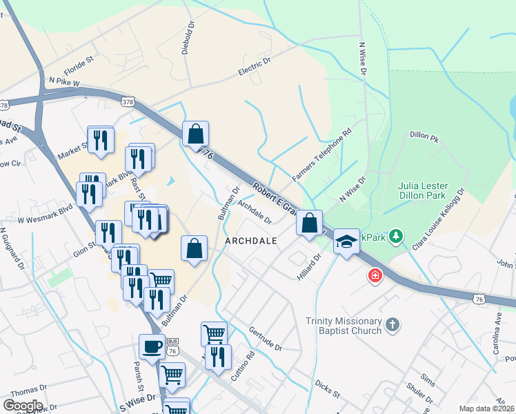 map of restaurants, bars, coffee shops, grocery stores, and more near 680 Archdale Drive in Sumter