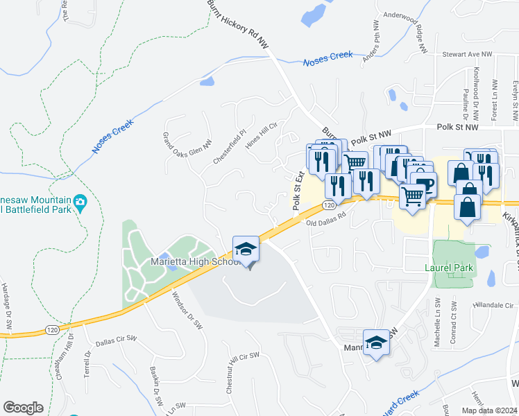 map of restaurants, bars, coffee shops, grocery stores, and more near 1219 Whitlock Ridge Drive in Marietta