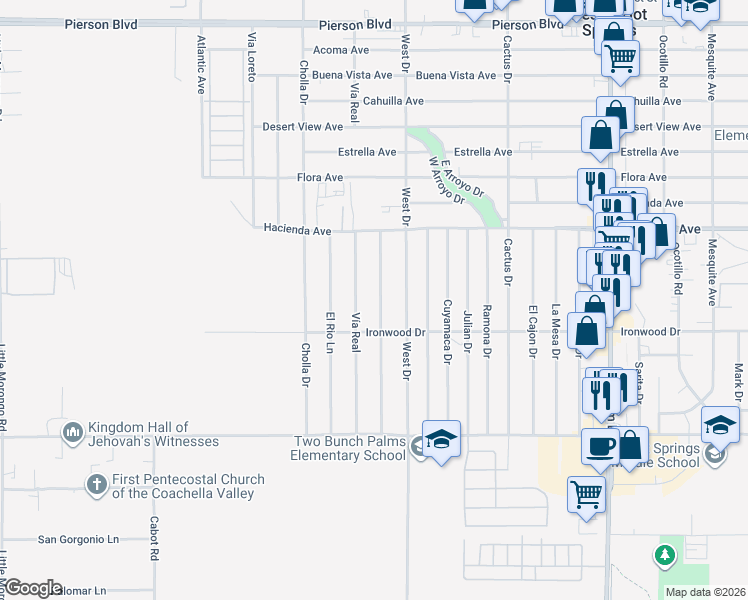 map of restaurants, bars, coffee shops, grocery stores, and more near 13442 Del Ray Lane in Desert Hot Springs