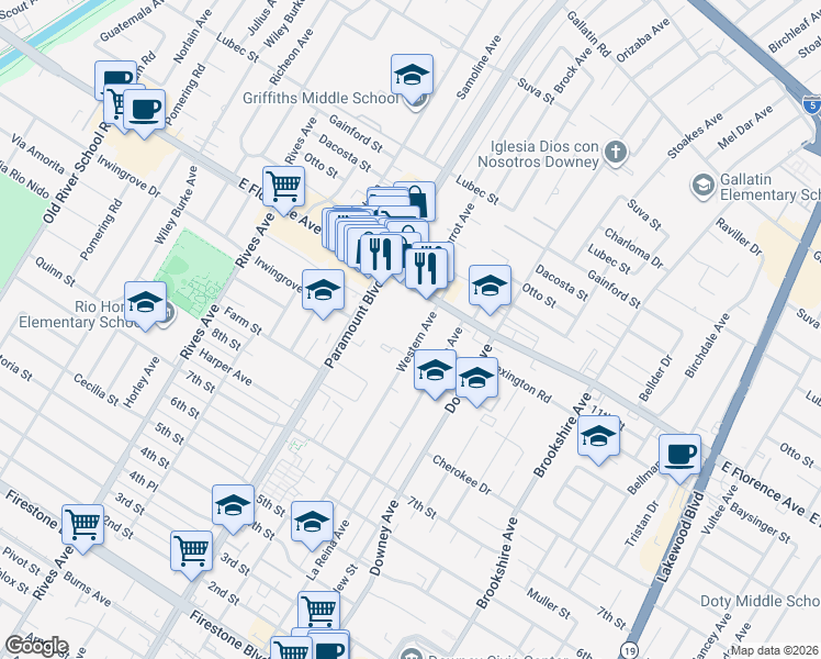map of restaurants, bars, coffee shops, grocery stores, and more near 10237 Western Avenue in Downey