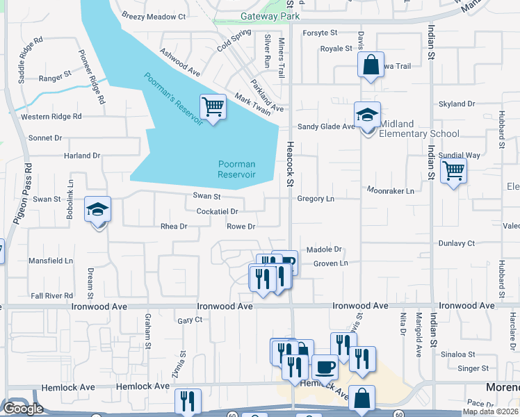 map of restaurants, bars, coffee shops, grocery stores, and more near 11667 McCully Court in Moreno Valley