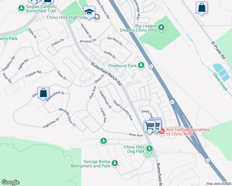 map of restaurants, bars, coffee shops, grocery stores, and more near 16644 China Berry Court in Chino Hills