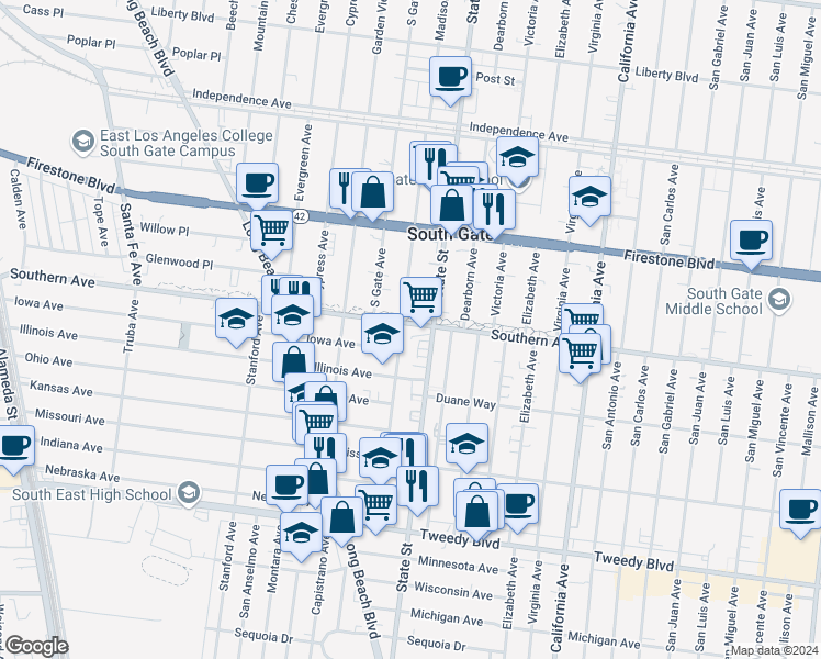 map of restaurants, bars, coffee shops, grocery stores, and more near 3208 Southern Avenue in South Gate