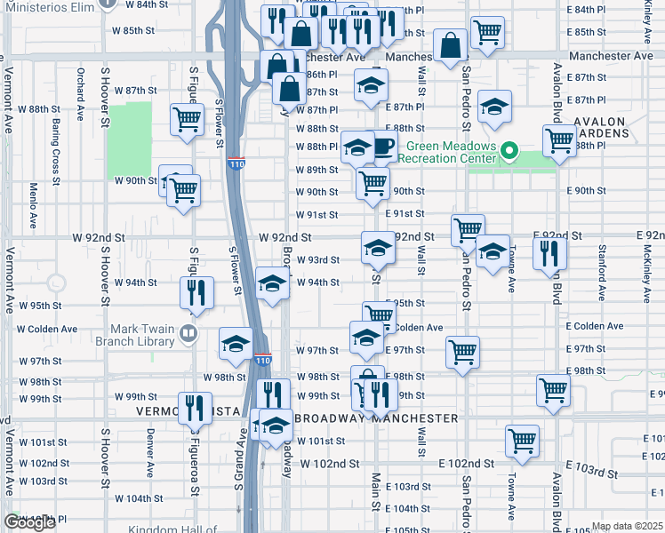 map of restaurants, bars, coffee shops, grocery stores, and more near 154 West 93rd Street in Los Angeles
