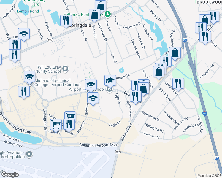 map of restaurants, bars, coffee shops, grocery stores, and more near 1315 Boston Avenue in West Columbia