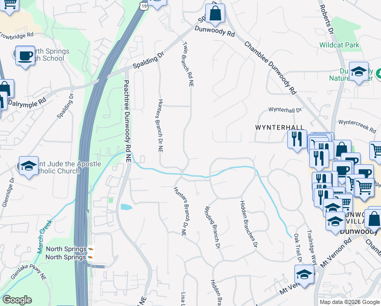 map of restaurants, bars, coffee shops, grocery stores, and more near 7195 Twin Branch Road Northeast in Atlanta