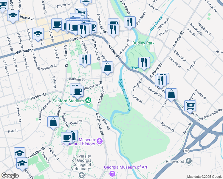 map of restaurants, bars, coffee shops, grocery stores, and more near 100 Stone Mill Run in Athens