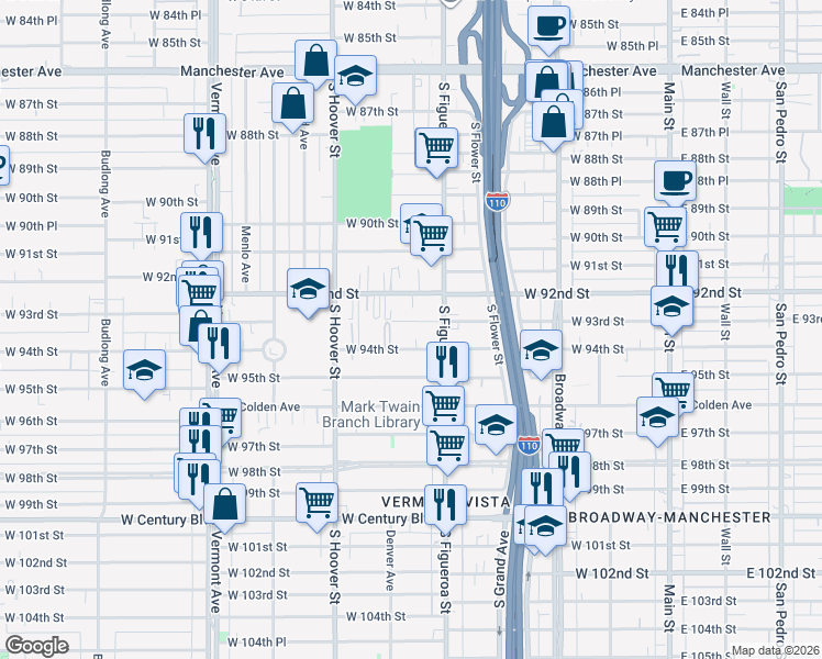 map of restaurants, bars, coffee shops, grocery stores, and more near 540 West 93rd Street in Los Angeles