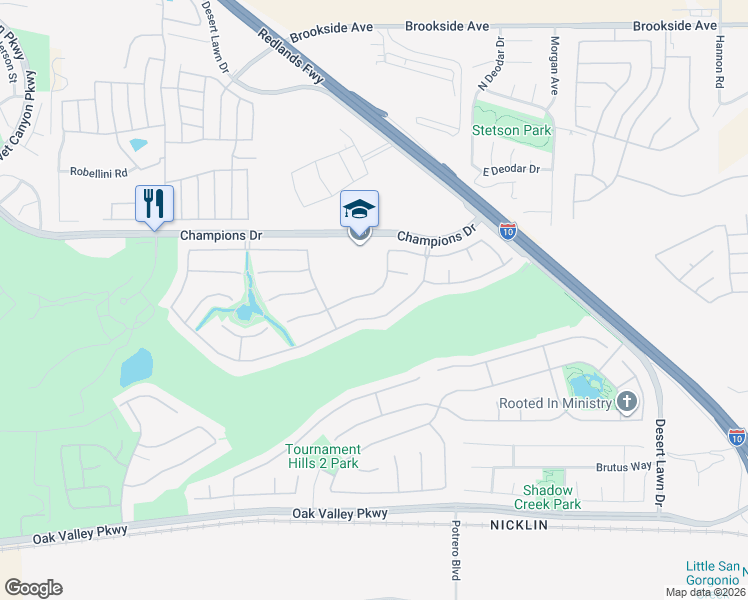 map of restaurants, bars, coffee shops, grocery stores, and more near 36653 Torrey Pines Drive in Beaumont