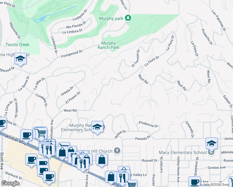map of restaurants, bars, coffee shops, grocery stores, and more near Cloister Drive in La Habra Heights
