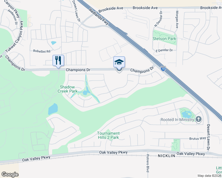 map of restaurants, bars, coffee shops, grocery stores, and more near 36493 Torrey Pines Drive in Beaumont