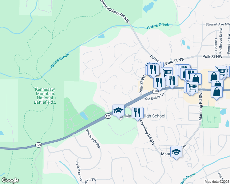map of restaurants, bars, coffee shops, grocery stores, and more near 1321 Whitlock Ridge Drive in Marietta