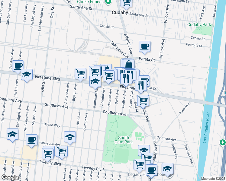 map of restaurants, bars, coffee shops, grocery stores, and more near 8916 Hildreth Avenue in South Gate