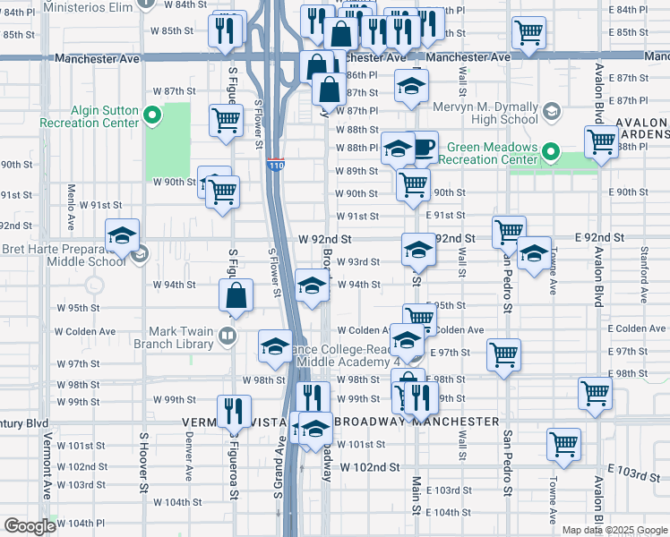 map of restaurants, bars, coffee shops, grocery stores, and more near 9304 South Broadway in Los Angeles