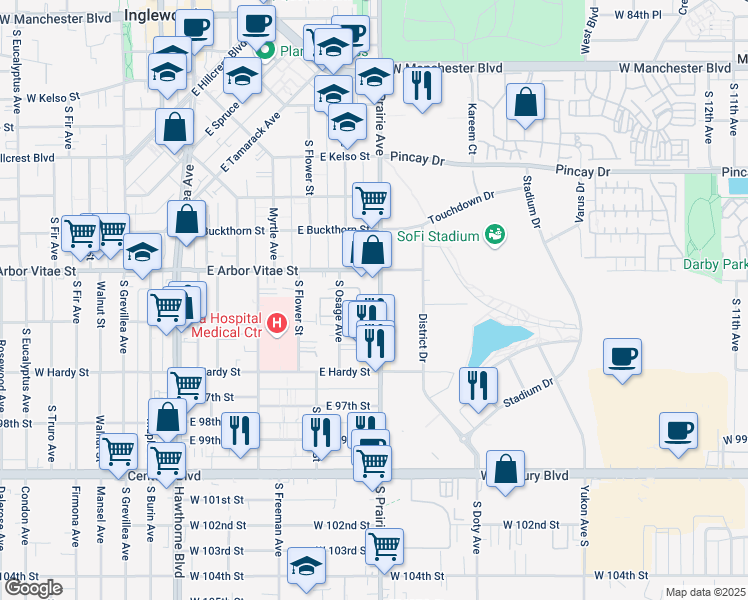 map of restaurants, bars, coffee shops, grocery stores, and more near 945 South Prairie Avenue in Inglewood