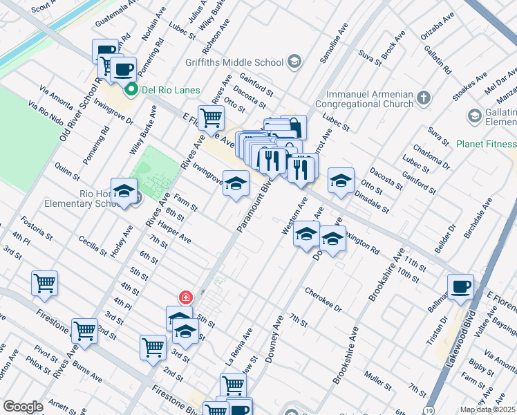 map of restaurants, bars, coffee shops, grocery stores, and more near 10348 Paramount Boulevard in Downey