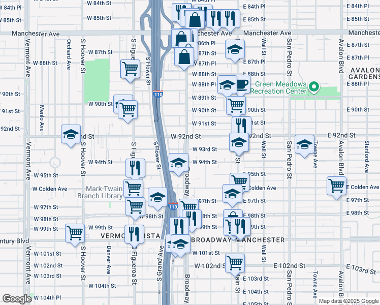 map of restaurants, bars, coffee shops, grocery stores, and more near 9304 South Broadway in Los Angeles