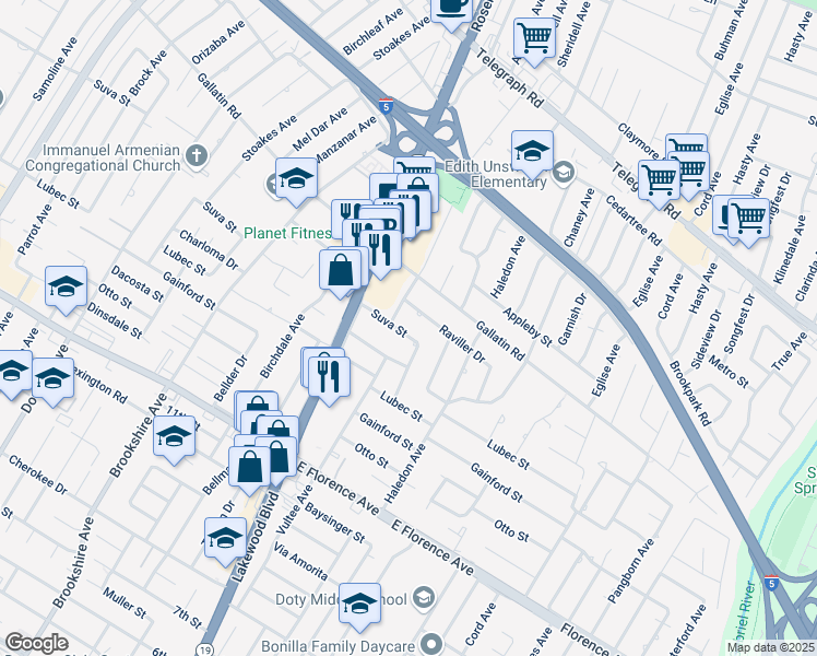 map of restaurants, bars, coffee shops, grocery stores, and more near 9063 Suva Street in Downey