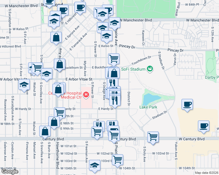 map of restaurants, bars, coffee shops, grocery stores, and more near 924 South Osage Avenue in Inglewood