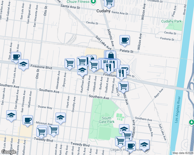 map of restaurants, bars, coffee shops, grocery stores, and more near 8916 Hildreth Avenue in South Gate