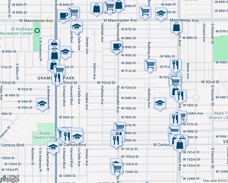 map of restaurants, bars, coffee shops, grocery stores, and more near 1412 West 93rd Street in Los Angeles