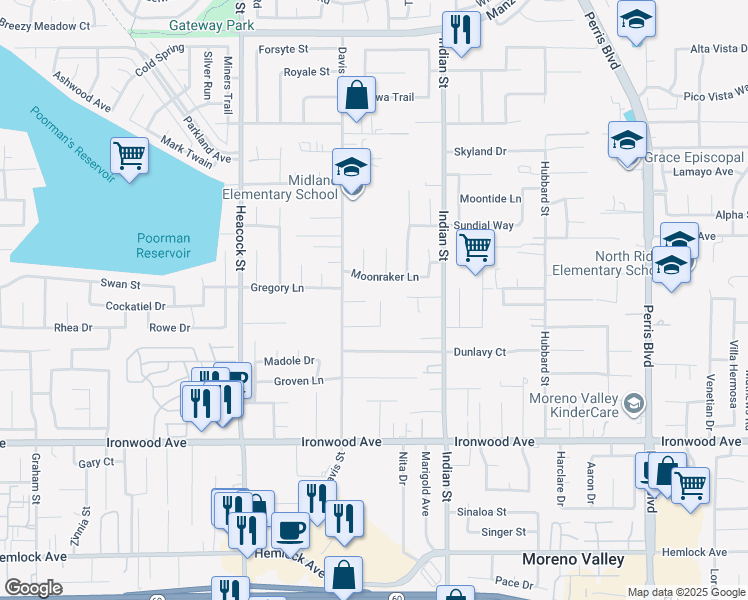 map of restaurants, bars, coffee shops, grocery stores, and more near 24304 Virginia Lane in Moreno Valley
