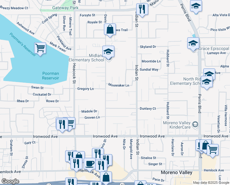 map of restaurants, bars, coffee shops, grocery stores, and more near 24304 Virginia Lane in Moreno Valley