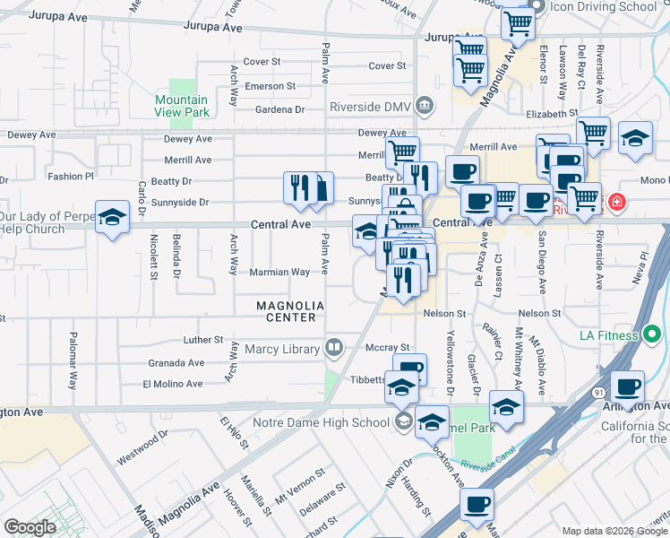 map of restaurants, bars, coffee shops, grocery stores, and more near 6678 Palm Avenue in Riverside