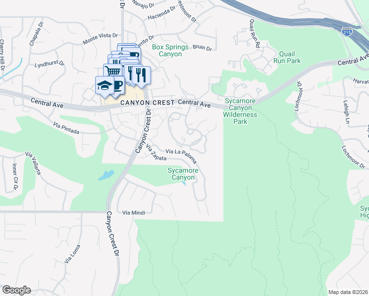 map of restaurants, bars, coffee shops, grocery stores, and more near 600 Central Avenue in Riverside