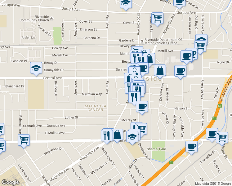 map of restaurants, bars, coffee shops, grocery stores, and more near 6655 School Circle Drive in Riverside