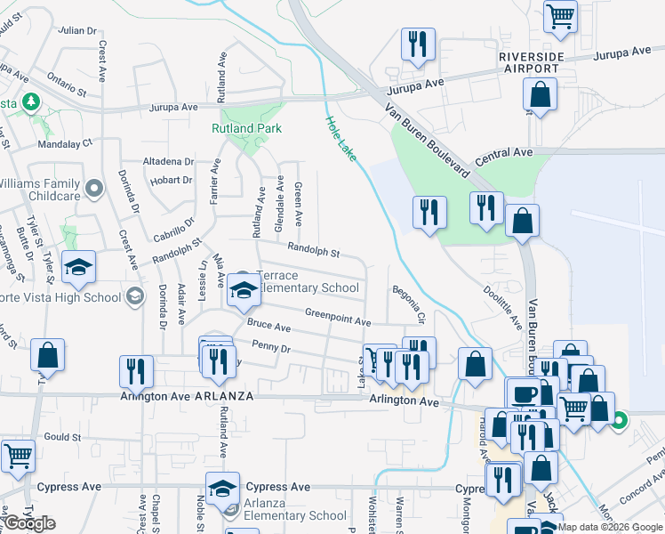 map of restaurants, bars, coffee shops, grocery stores, and more near 8442 Via Norte Drive in Riverside
