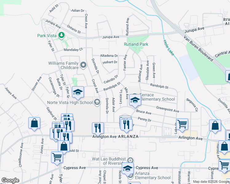 map of restaurants, bars, coffee shops, grocery stores, and more near 6651 Adair Avenue in Riverside