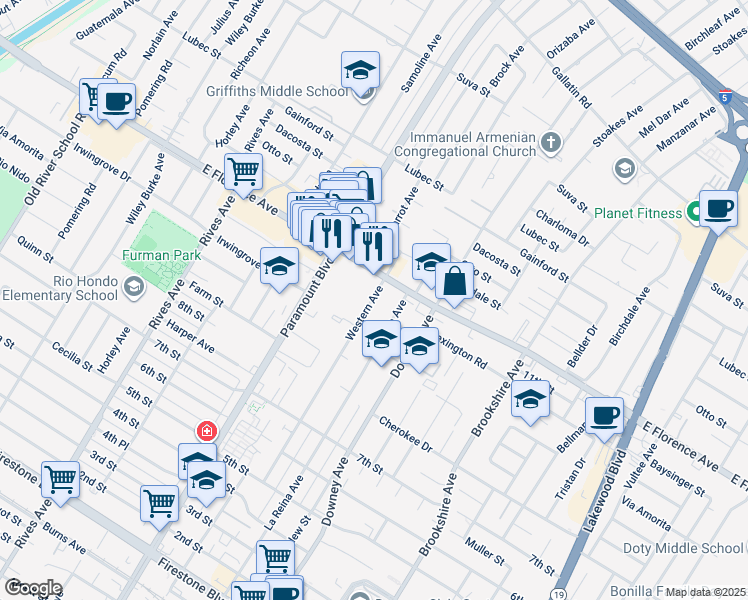 map of restaurants, bars, coffee shops, grocery stores, and more near 10247 La Reina Avenue in Downey