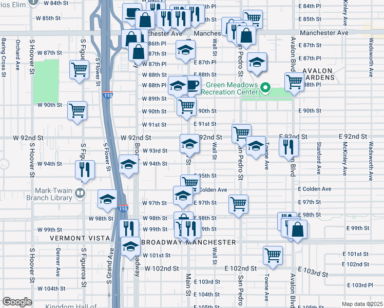 map of restaurants, bars, coffee shops, grocery stores, and more near 106 East 94th Street in Los Angeles