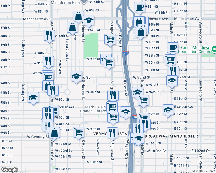 map of restaurants, bars, coffee shops, grocery stores, and more near 543 West 94th Street in Los Angeles