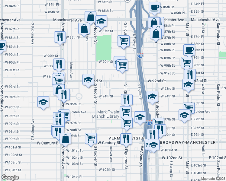 map of restaurants, bars, coffee shops, grocery stores, and more near 543 West 94th Street in Los Angeles