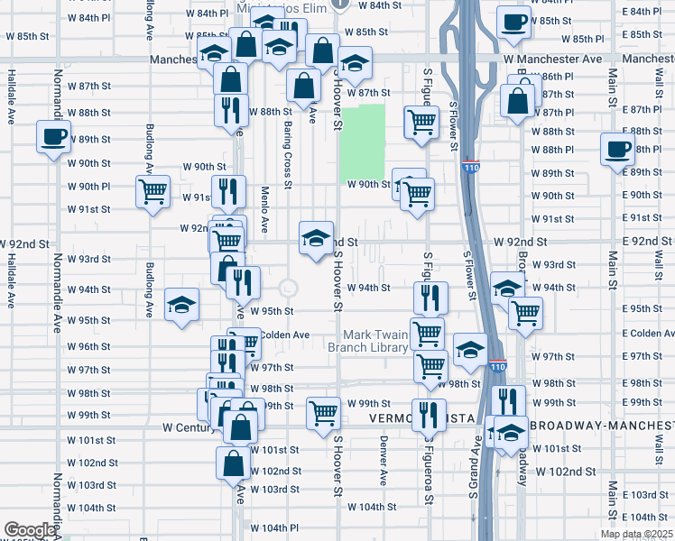 map of restaurants, bars, coffee shops, grocery stores, and more near 9330 South Hoover Street in Los Angeles
