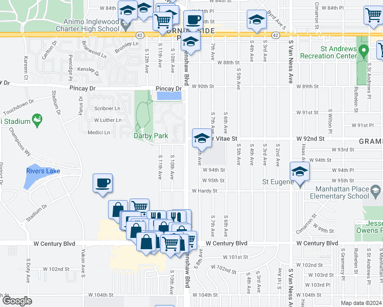 map of restaurants, bars, coffee shops, grocery stores, and more near 9350 South Crenshaw Boulevard in Inglewood