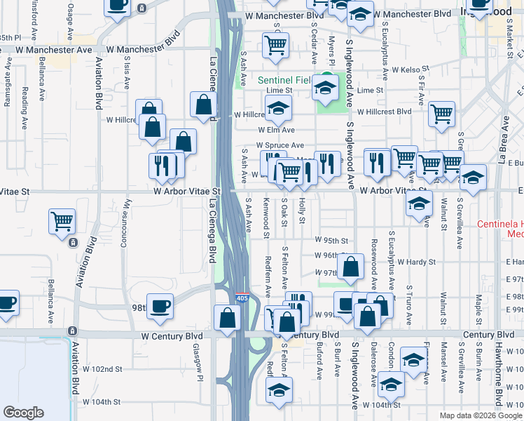 map of restaurants, bars, coffee shops, grocery stores, and more near 944 Kenwood Street in Inglewood