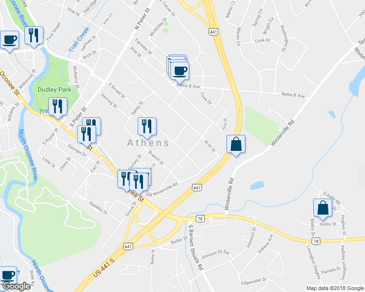 map of restaurants, bars, coffee shops, grocery stores, and more near 1698 East Broad Street in Athens